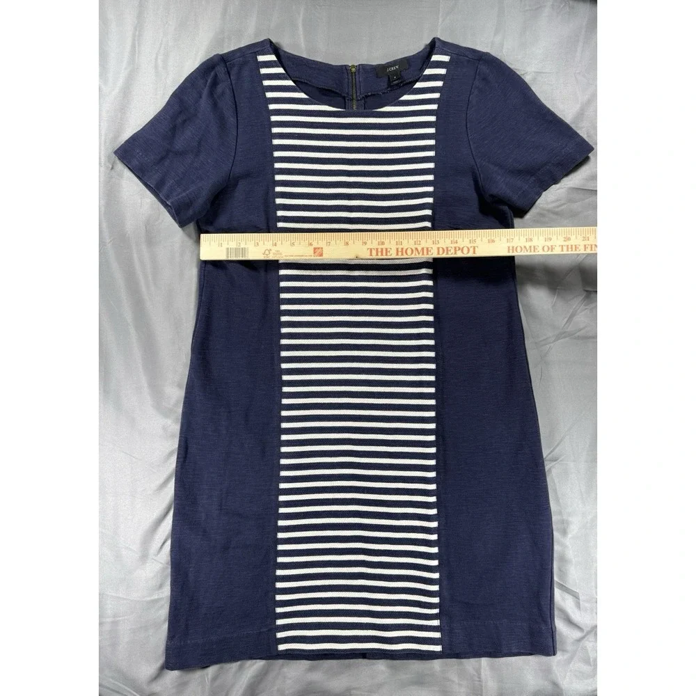 J. Crew Women's Size 8 Navy Blue Stripe Shift Dress Short Sleeve‎ Cotton Blend